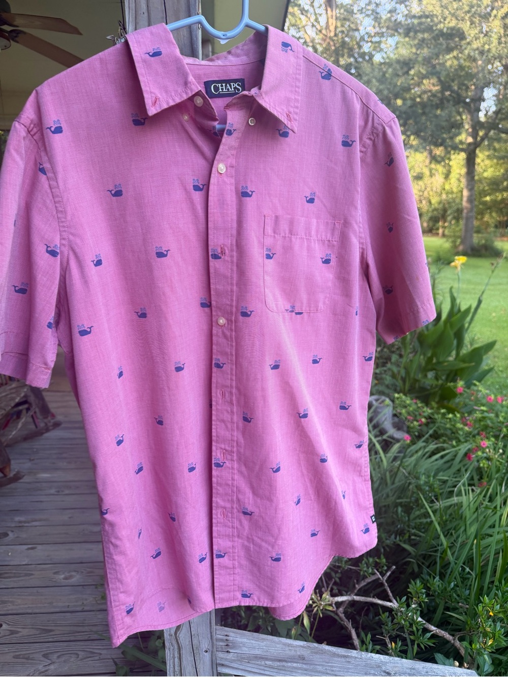 Chaps Pink Short-Sleeve Button-Down Shirt with Blue Whale Motif